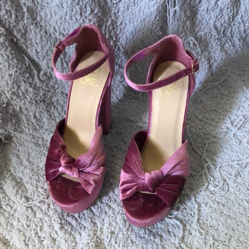 Mauve suede platform peep toe heels